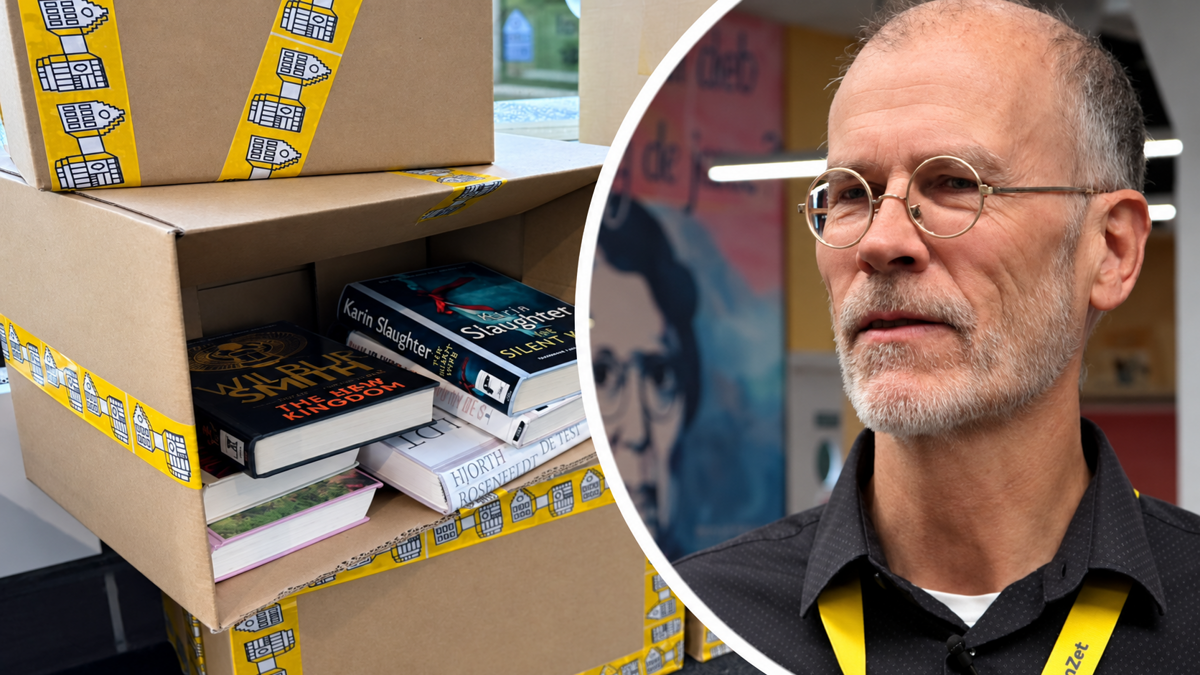 Boeken tussen dozen en portret