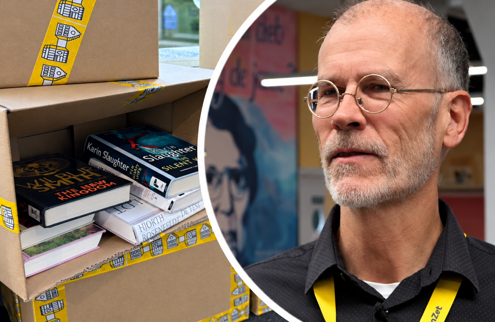 Boeken tussen dozen en portret